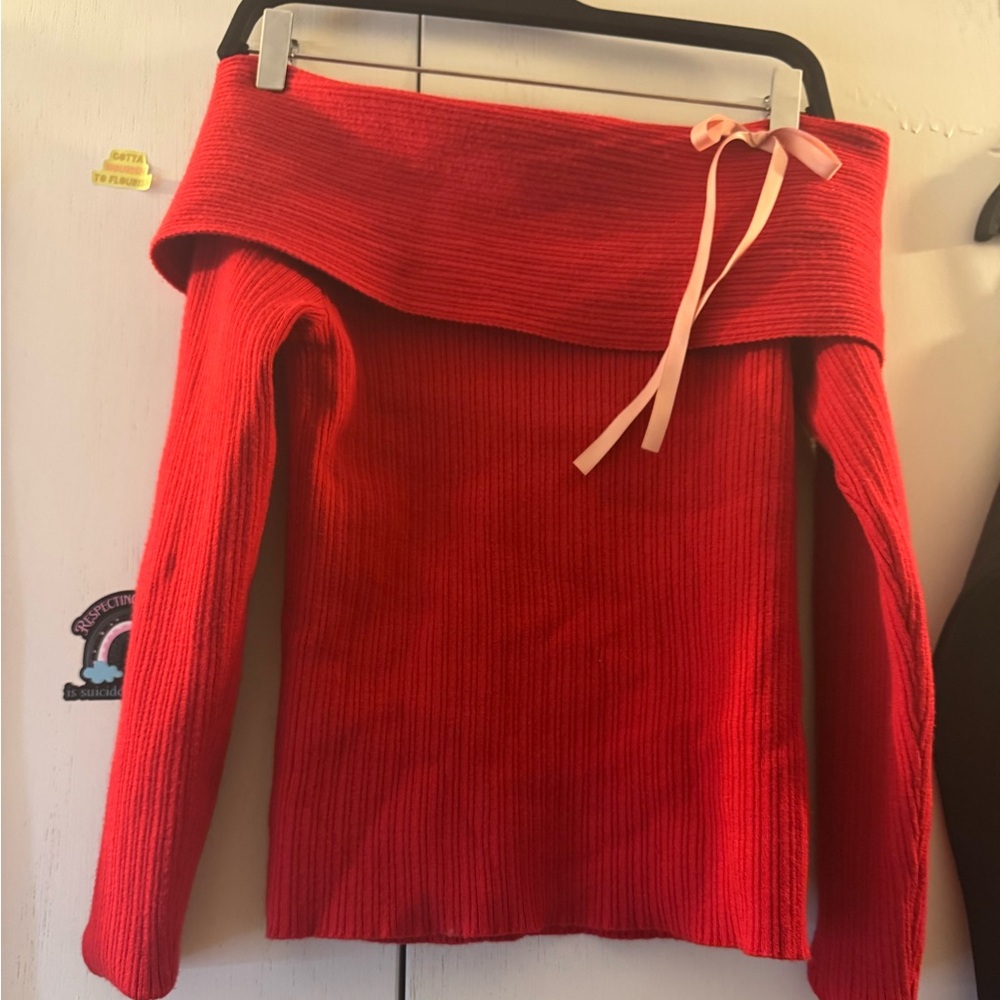 Soho Apparel Red Off-the-Shoulder Sweater Ribbed Knit